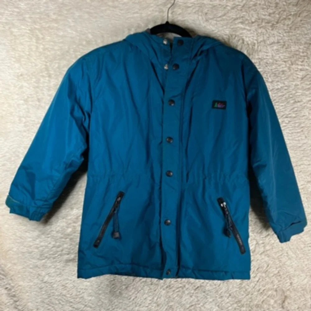 REI‎ Girls Jacket Teal Blue Zip Pockets Snap Buttons Hooded Long Sleeve M 8/10